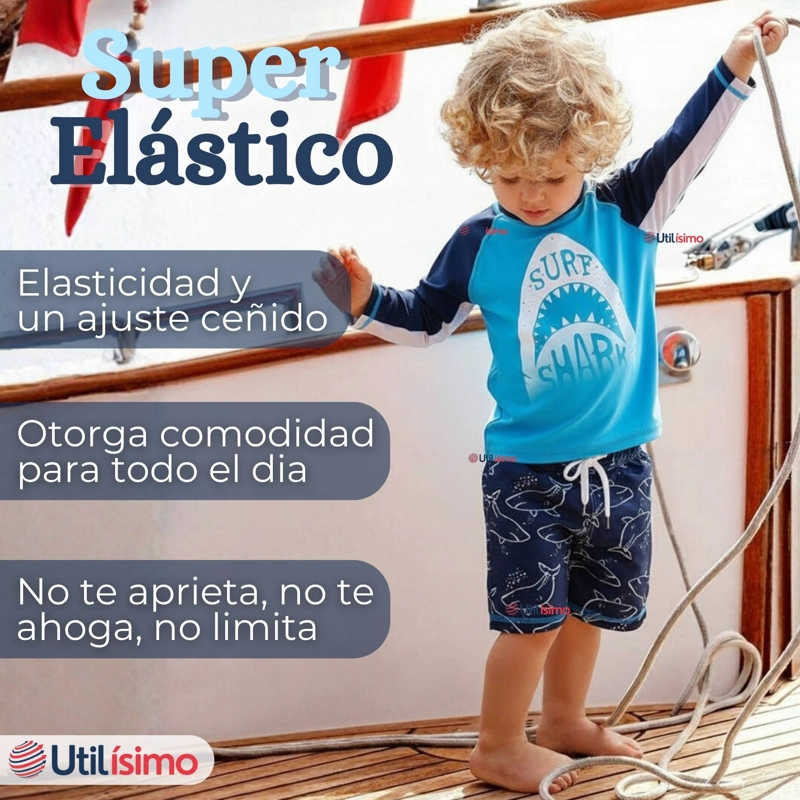 TRAJE DE BAÑO MANGA LARGA PANTALON CORTO 2 PIEZAS CORTE SPLIT NIÑO 3 A 9 AÑOS BLUE SHARK - 7