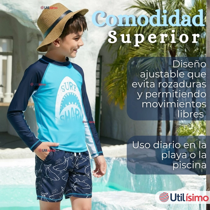 TRAJE DE BAÑO MANGA LARGA PANTALON CORTO 2 PIEZAS CORTE SPLIT NIÑO 3 A 9 AÑOS BLUE SHARK - 8