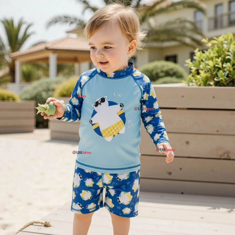 TRAJE DE BAÑO MANGA LARGA PANTALON CORTO 2 PIEZAS CORTE SPLIT NIÑO 3 A 9 AÑOS BLUE POLAR BEAR - 1