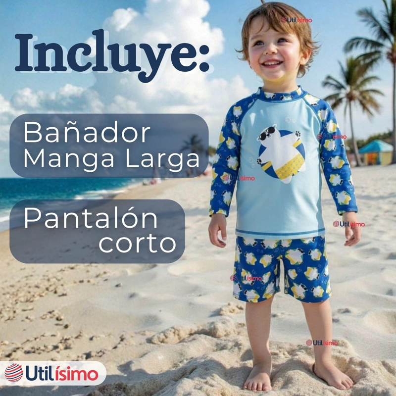 TRAJE DE BAÑO MANGA LARGA PANTALON CORTO 2 PIEZAS CORTE SPLIT NIÑO 3 A 9 AÑOS BLUE POLAR BEAR - 3