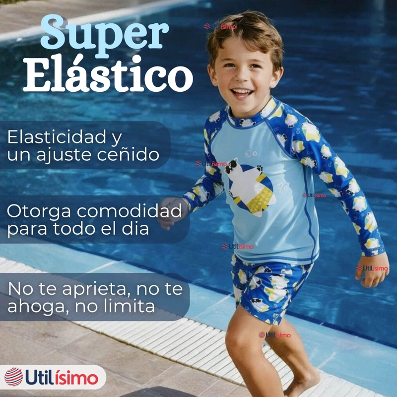 TRAJE DE BAÑO MANGA LARGA PANTALON CORTO 2 PIEZAS CORTE SPLIT NIÑO 3 A 9 AÑOS BLUE POLAR BEAR - 7
