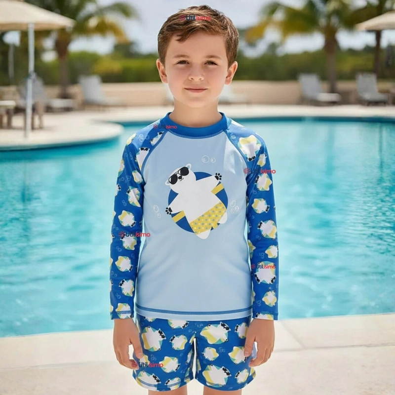TRAJE DE BAÑO MANGA LARGA PANTALON CORTO 2 PIEZAS CORTE SPLIT NIÑO 3 A 9 AÑOS BLUE POLAR BEAR - 1
