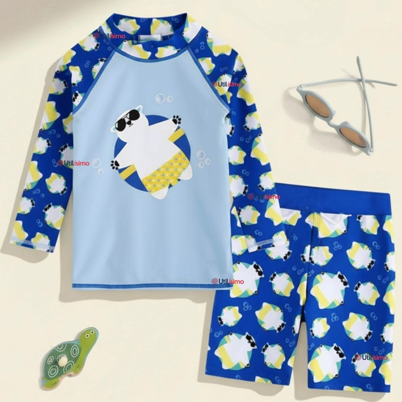 TRAJE DE BAÑO MANGA LARGA PANTALON CORTO 2 PIEZAS CORTE SPLIT NIÑO 3 A 9 AÑOS BLUE POLAR BEAR - 1