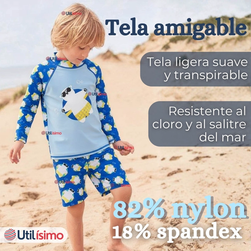 TRAJE DE BAÑO MANGA LARGA PANTALON CORTO 2 PIEZAS CORTE SPLIT NIÑO 3 A 9 AÑOS BLUE POLAR BEAR - 4