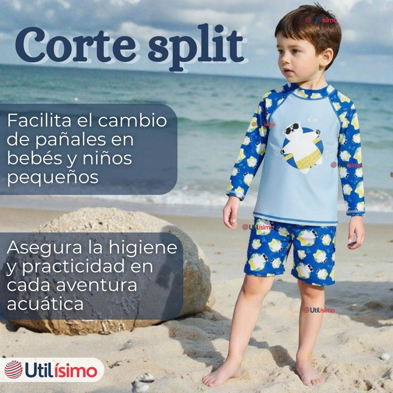 TRAJE DE BAÑO MANGA LARGA PANTALON CORTO 2 PIEZAS CORTE SPLIT NIÑO 3 A 9 AÑOS BLUE POLAR BEAR - 9