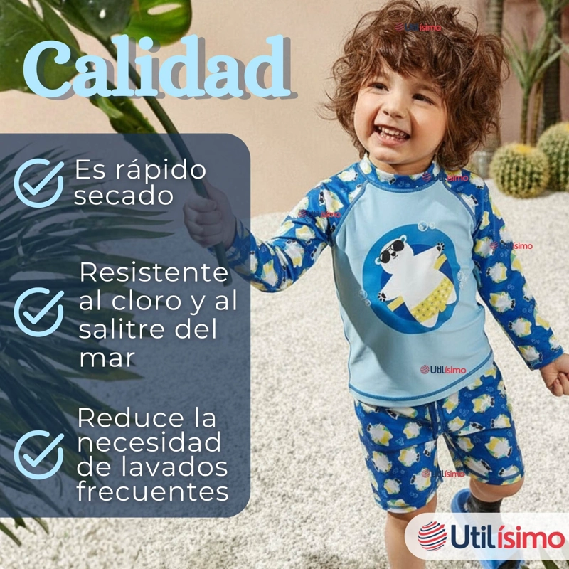 TRAJE DE BAÑO MANGA LARGA PANTALON CORTO 2 PIEZAS CORTE SPLIT NIÑO 3 A 9 AÑOS BLUE POLAR BEAR - 10