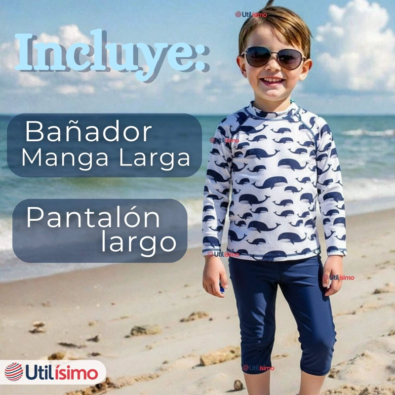 TRAJE DE BAÑO MANGA LARGA PANTALON LARGO 2 PIEZAS CORTE SPLIT NIÑO 3 A 9 AÑOS WHITE WHALE - 3