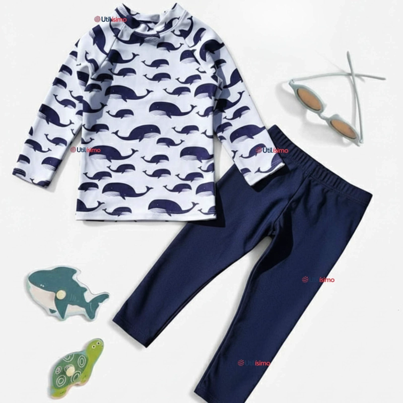 TRAJE DE BAÑO MANGA LARGA PANTALON LARGO 2 PIEZAS CORTE SPLIT NIÑO 3 A 9 AÑOS WHITE WHALE - 1