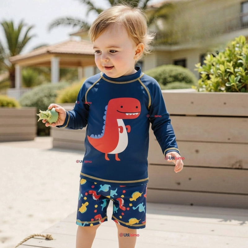 TRAJE DE BAÑO MANGA LARGA PANTALON CORTO 2 PIEZAS CORTE SPLIT NIÑO 3 A 9 AÑOS BLUE DINOSAUR - 1