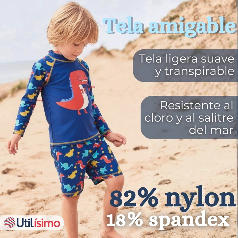 TRAJE DE BAÑO MANGA LARGA PANTALON CORTO 2 PIEZAS CORTE SPLIT NIÑO 3 A 9 AÑOS BLUE DINOSAUR - 4