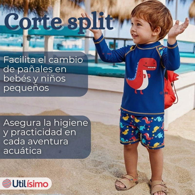 TRAJE DE BAÑO MANGA LARGA PANTALON CORTO 2 PIEZAS CORTE SPLIT NIÑO 3 A 9 AÑOS BLUE DINOSAUR - 9