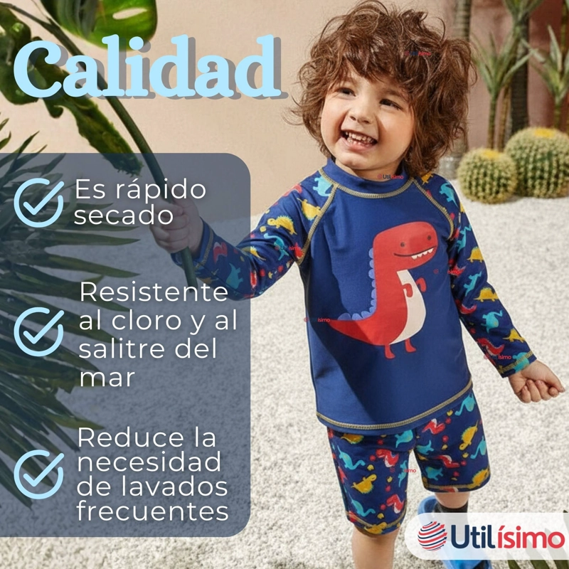 TRAJE DE BAÑO MANGA LARGA PANTALON CORTO 2 PIEZAS CORTE SPLIT NIÑO 3 A 9 AÑOS BLUE DINOSAUR - 10