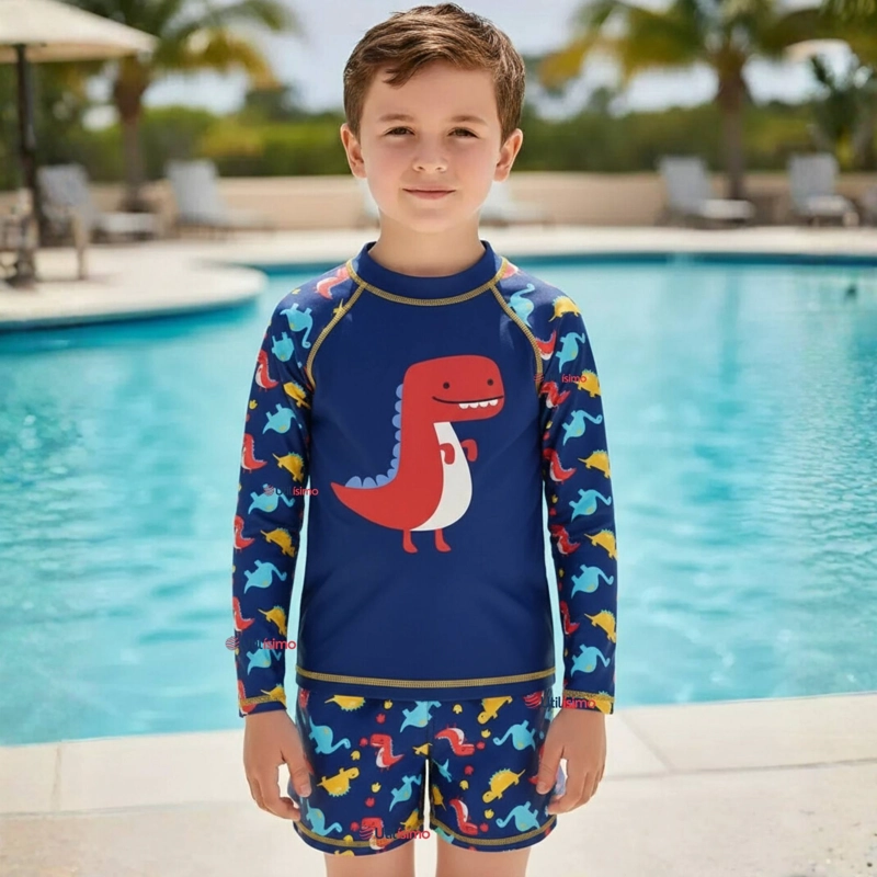TRAJE DE BAÑO MANGA LARGA PANTALON CORTO 2 PIEZAS CORTE SPLIT NIÑO 3 A 9 AÑOS BLUE DINOSAUR - 1