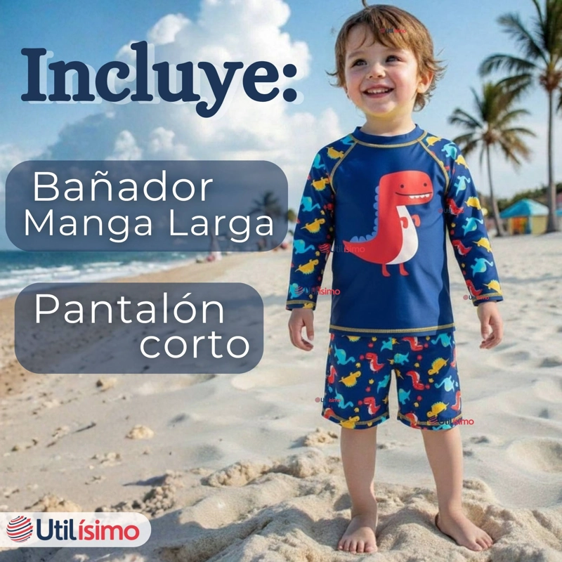 TRAJE DE BAÑO MANGA LARGA PANTALON CORTO 2 PIEZAS CORTE SPLIT NIÑO 3 A 9 AÑOS BLUE DINOSAUR - 3