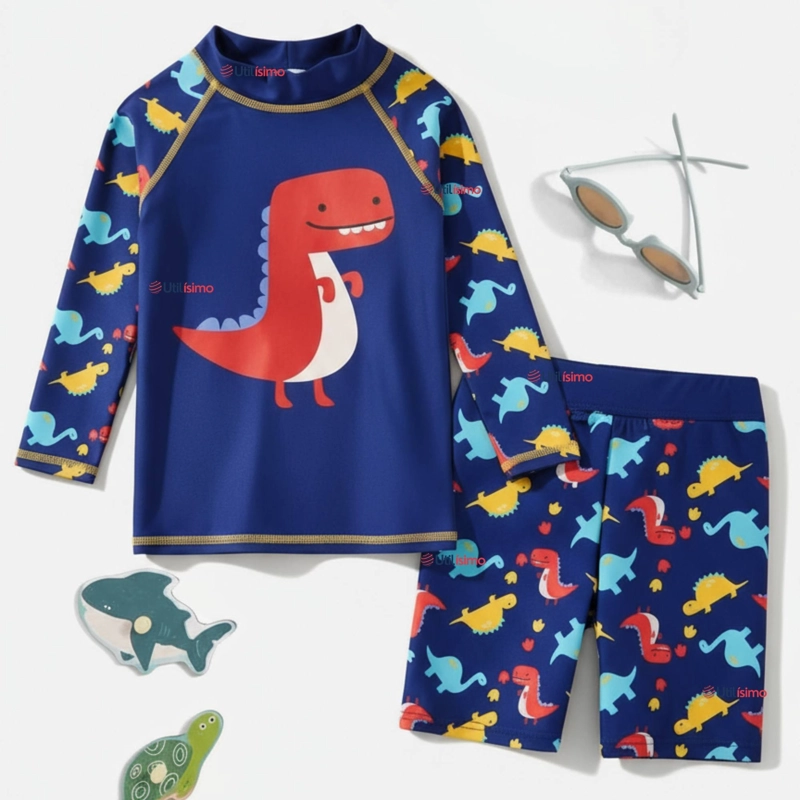 TRAJE DE BAÑO MANGA LARGA PANTALON CORTO 2 PIEZAS CORTE SPLIT NIÑO 3 A 9 AÑOS BLUE DINOSAUR - 1