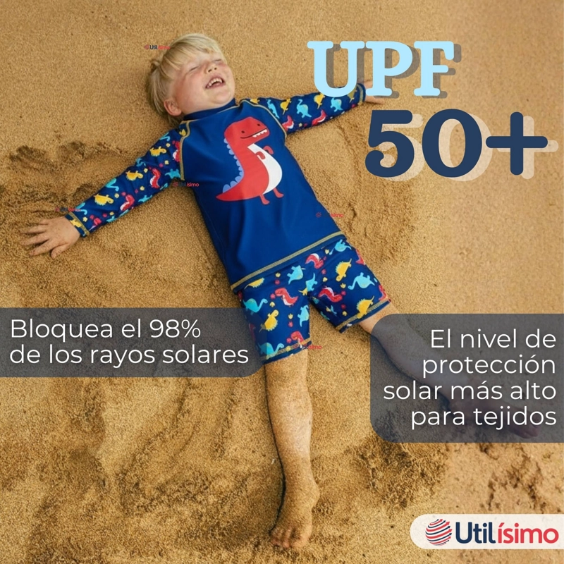 TRAJE DE BAÑO MANGA LARGA PANTALON CORTO 2 PIEZAS CORTE SPLIT NIÑO 3 A 9 AÑOS BLUE DINOSAUR - 6