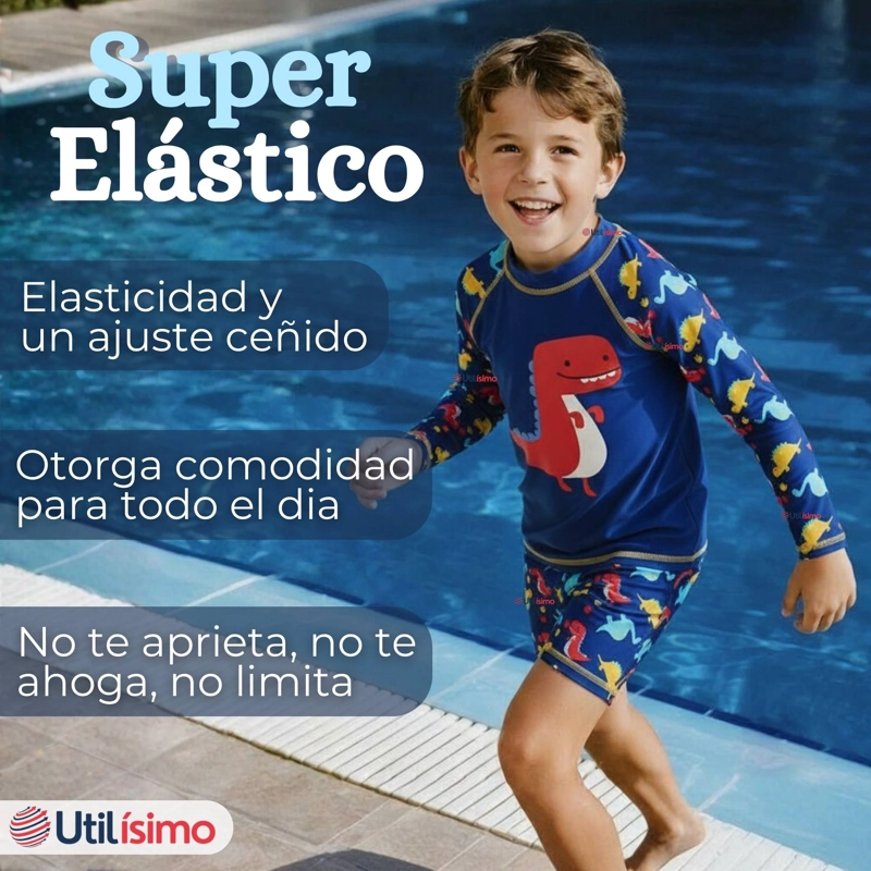 TRAJE DE BAÑO MANGA LARGA PANTALON CORTO 2 PIEZAS CORTE SPLIT NIÑO 3 A 9 AÑOS BLUE DINOSAUR - 7