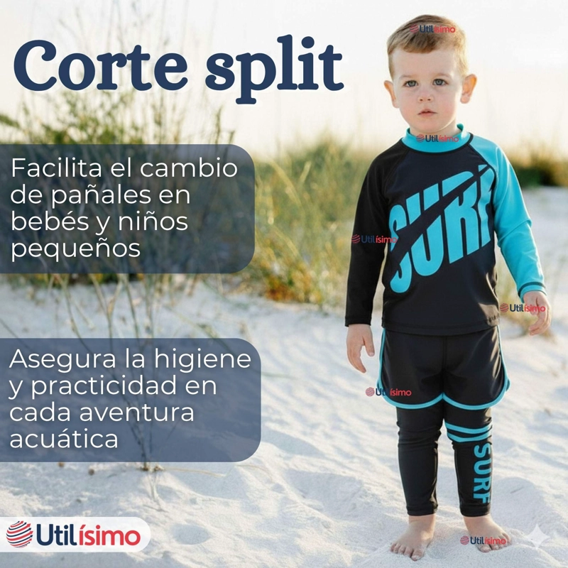 TRAJE DE BAÑO MANGA LARGA PANTALON LARGO PANTALON CORTO 3 PIEZAS CORTE SPLIT NIÑO 3 A 11 AÑOS BLACK - 9