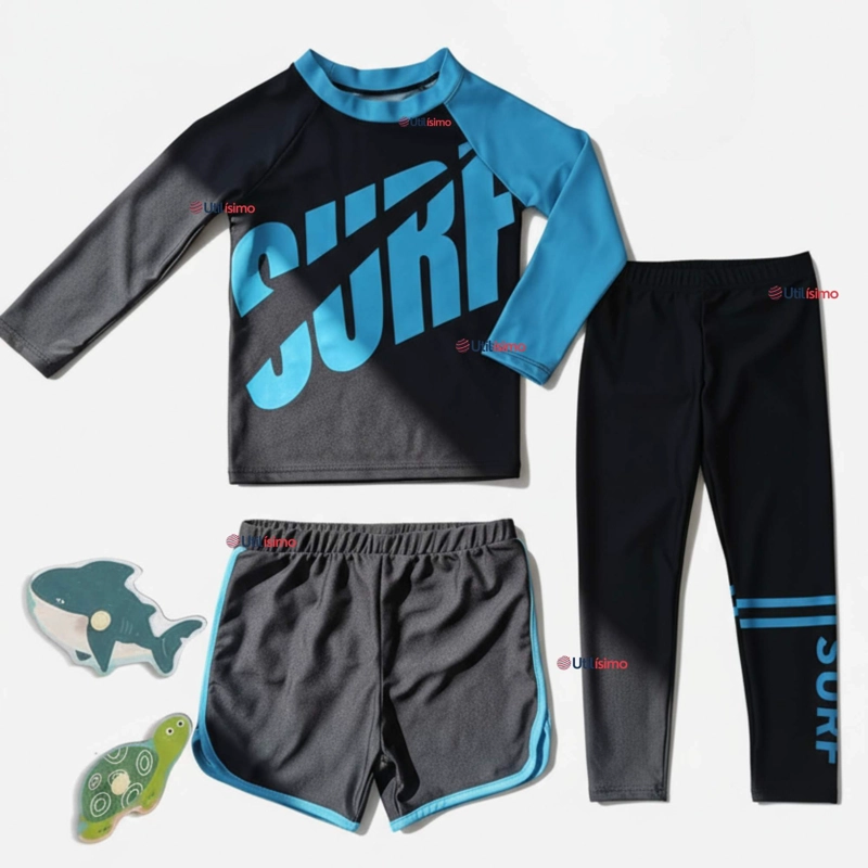 TRAJE DE BAÑO MANGA LARGA PANTALON LARGO PANTALON CORTO 3 PIEZAS CORTE SPLIT NIÑO 3 A 11 AÑOS BLACK - 1