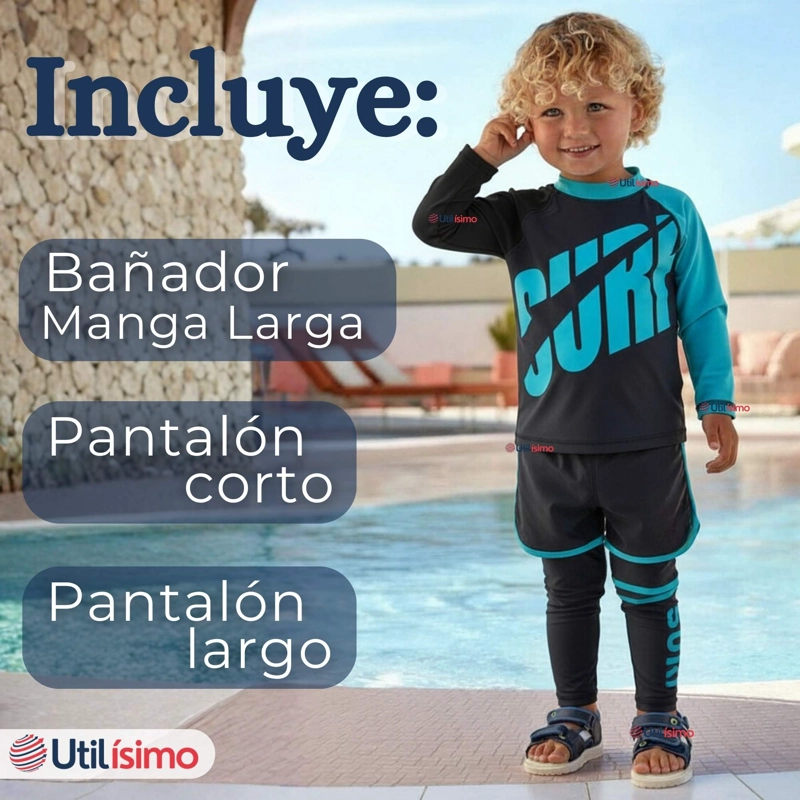 TRAJE DE BAÑO MANGA LARGA PANTALON LARGO PANTALON CORTO 3 PIEZAS CORTE SPLIT NIÑO 3 A 11 AÑOS BLACK - 3