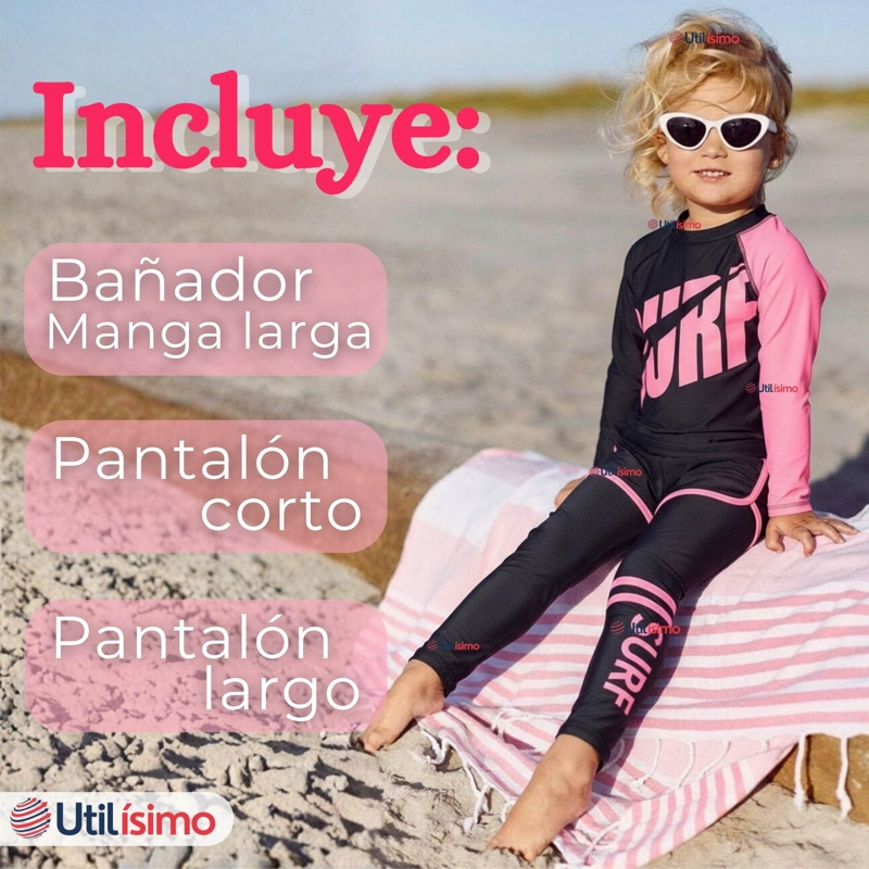 TRAJE DE BAÑO MANGA LARGA PANTALON LARGO PANTALON CORTO 3 PIEZAS CORTE SPLIT NIÑA 3 A 11 AÑOS BLACK - 2