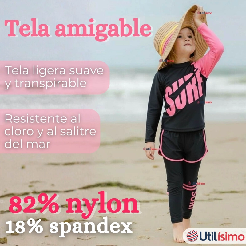 TRAJE DE BAÑO MANGA LARGA PANTALON LARGO PANTALON CORTO 3 PIEZAS CORTE SPLIT NIÑA 3 A 11 AÑOS BLACK - 3