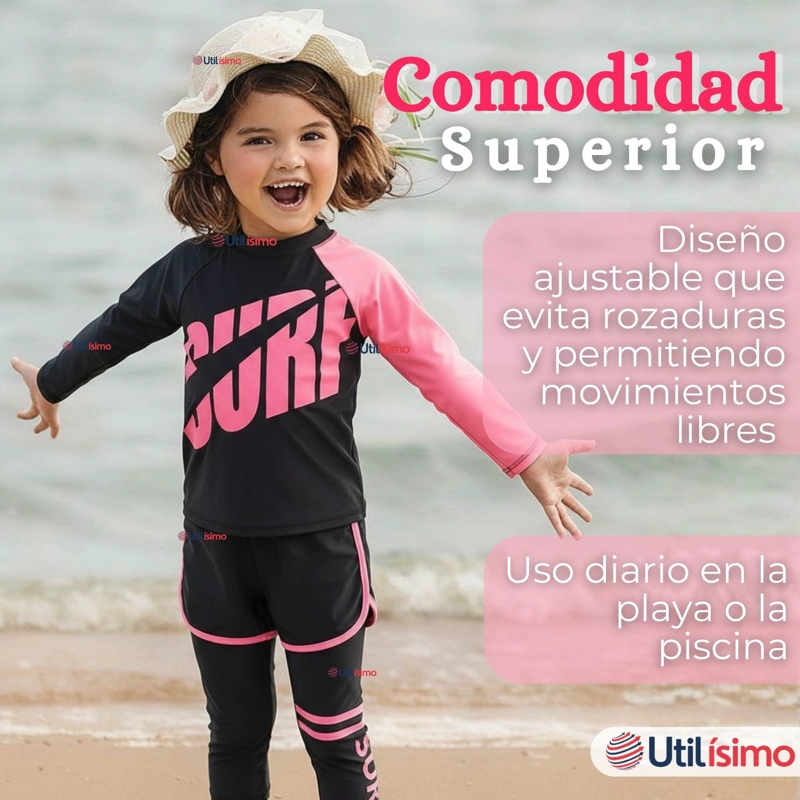 TRAJE DE BAÑO MANGA LARGA PANTALON LARGO PANTALON CORTO 3 PIEZAS CORTE SPLIT NIÑA 3 A 11 AÑOS BLACK - 7
