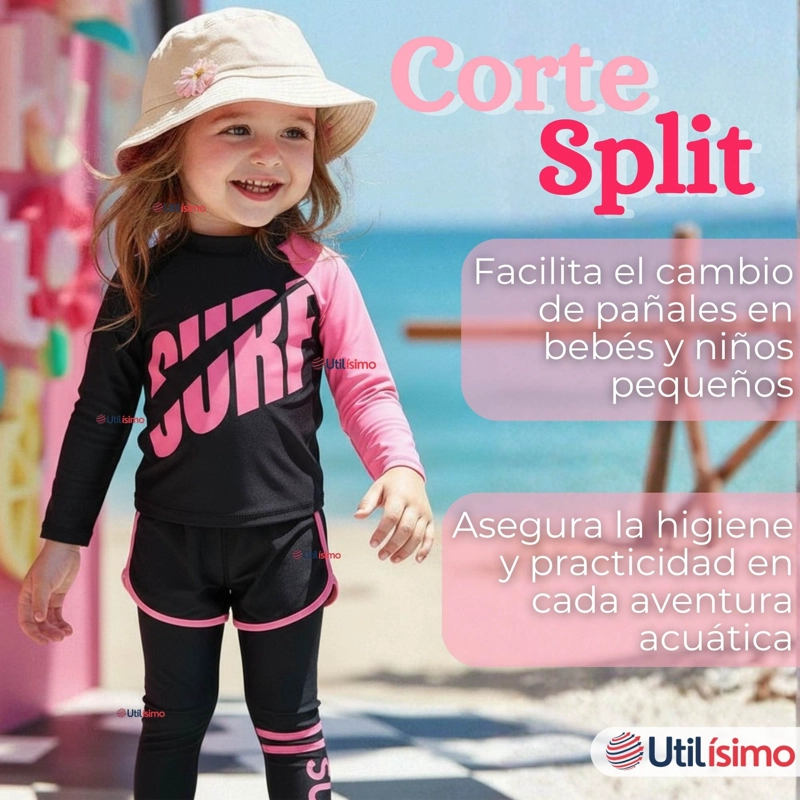 TRAJE DE BAÑO MANGA LARGA PANTALON LARGO PANTALON CORTO 3 PIEZAS CORTE SPLIT NIÑA 3 A 11 AÑOS BLACK - 8
