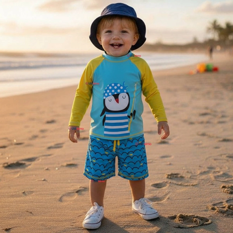 TRAJE DE BAÑO MANGA LARGA PANTALON CORTO 2 PIEZAS CORTE SPLIT NIÑO 3 A 9 AÑOS BLUE PENGUIN - 1