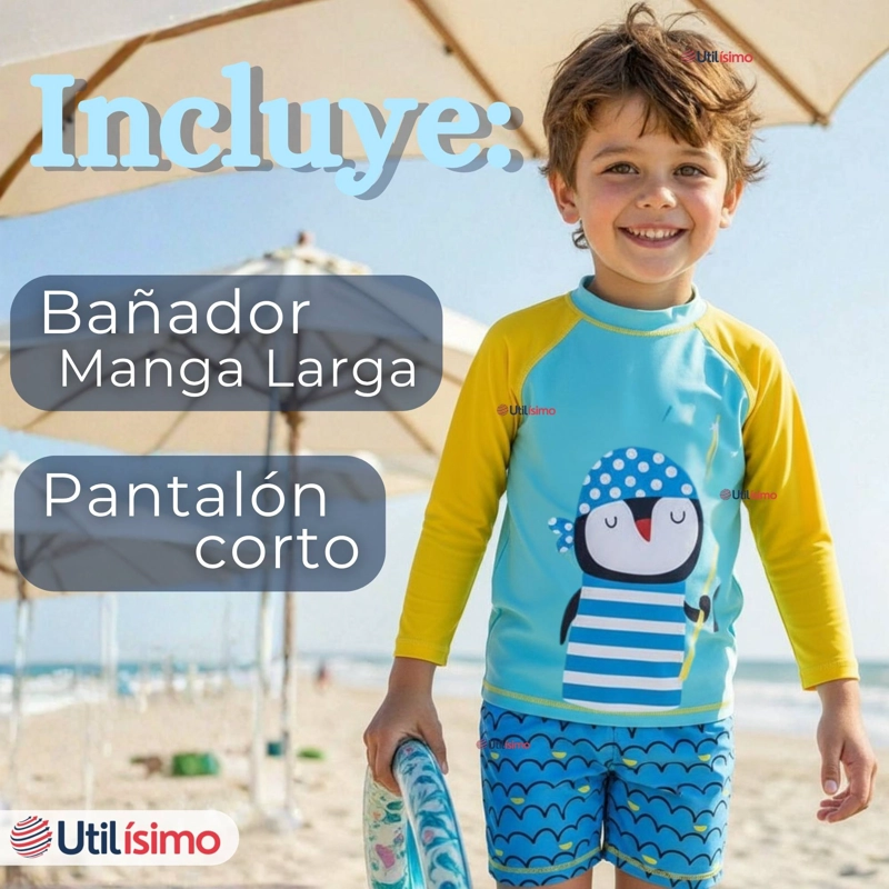 TRAJE DE BAÑO MANGA LARGA PANTALON CORTO 2 PIEZAS CORTE SPLIT NIÑO 3 A 9 AÑOS BLUE PENGUIN - 3