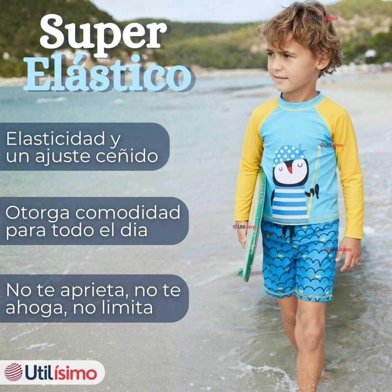 TRAJE DE BAÑO MANGA LARGA PANTALON CORTO 2 PIEZAS CORTE SPLIT NIÑO 3 A 9 AÑOS BLUE PENGUIN - 7
