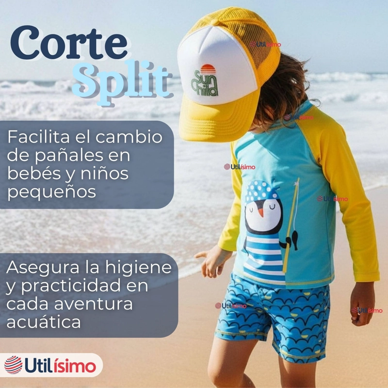 TRAJE DE BAÑO MANGA LARGA PANTALON CORTO 2 PIEZAS CORTE SPLIT NIÑO 3 A 9 AÑOS BLUE PENGUIN - 9