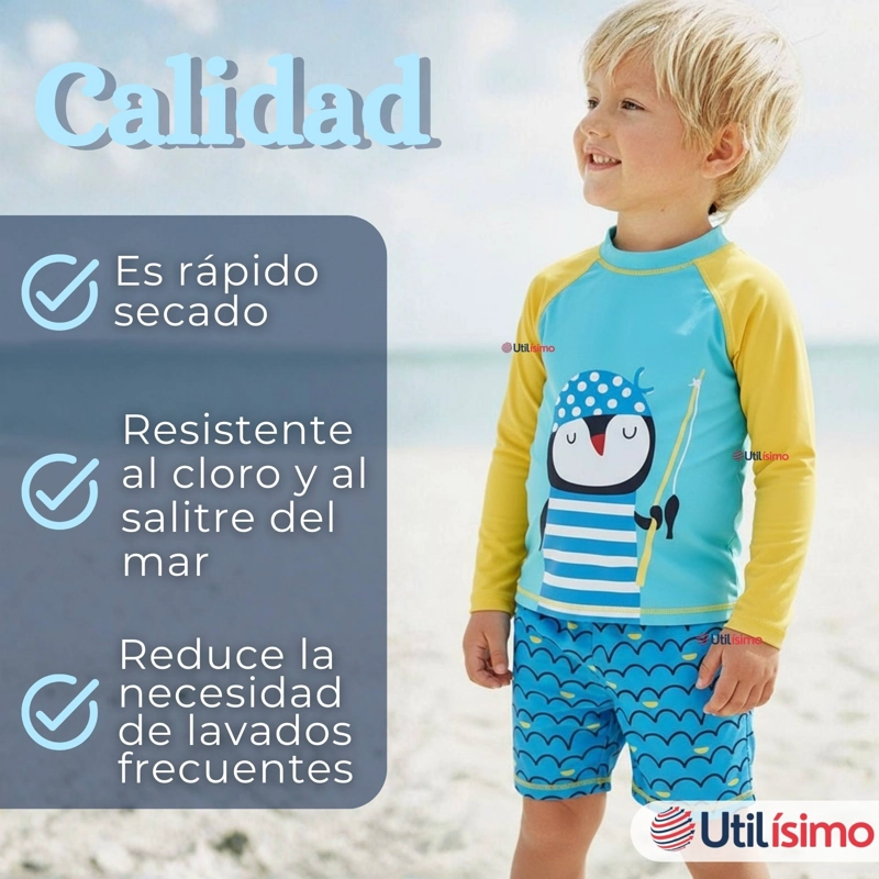 TRAJE DE BAÑO MANGA LARGA PANTALON CORTO 2 PIEZAS CORTE SPLIT NIÑO 3 A 9 AÑOS BLUE PENGUIN - 10