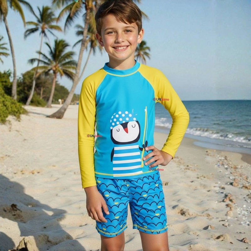 TRAJE DE BAÑO MANGA LARGA PANTALON CORTO 2 PIEZAS CORTE SPLIT NIÑO 3 A 9 AÑOS BLUE PENGUIN - 1