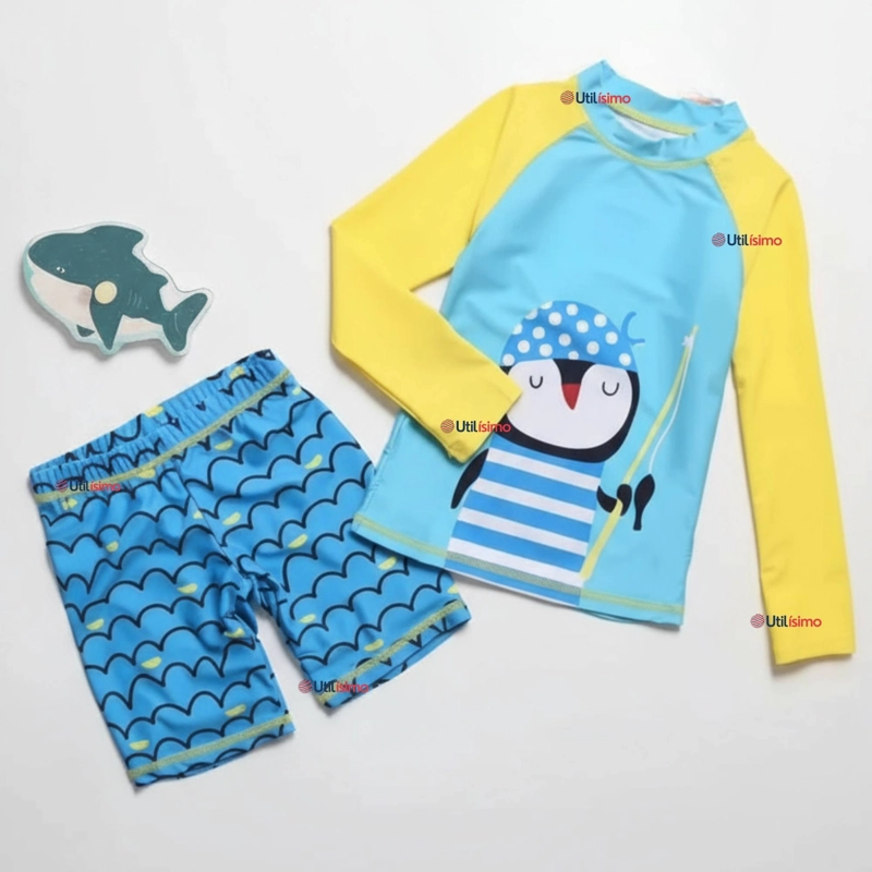 TRAJE DE BAÑO MANGA LARGA PANTALON CORTO 2 PIEZAS CORTE SPLIT NIÑO 3 A 9 AÑOS BLUE PENGUIN - 1