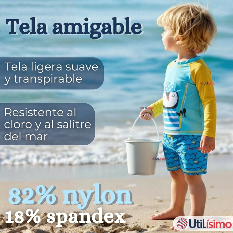 TRAJE DE BAÑO MANGA LARGA PANTALON CORTO 2 PIEZAS CORTE SPLIT NIÑO 3 A 9 AÑOS BLUE PENGUIN - 4