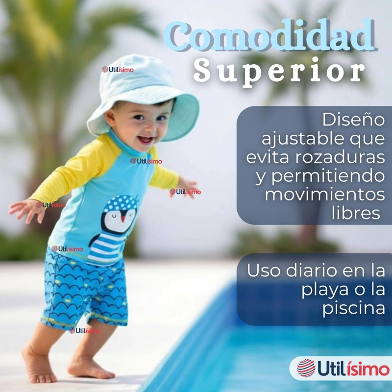 TRAJE DE BAÑO MANGA LARGA PANTALON CORTO 2 PIEZAS CORTE SPLIT NIÑO 3 A 9 AÑOS BLUE PENGUIN - 8