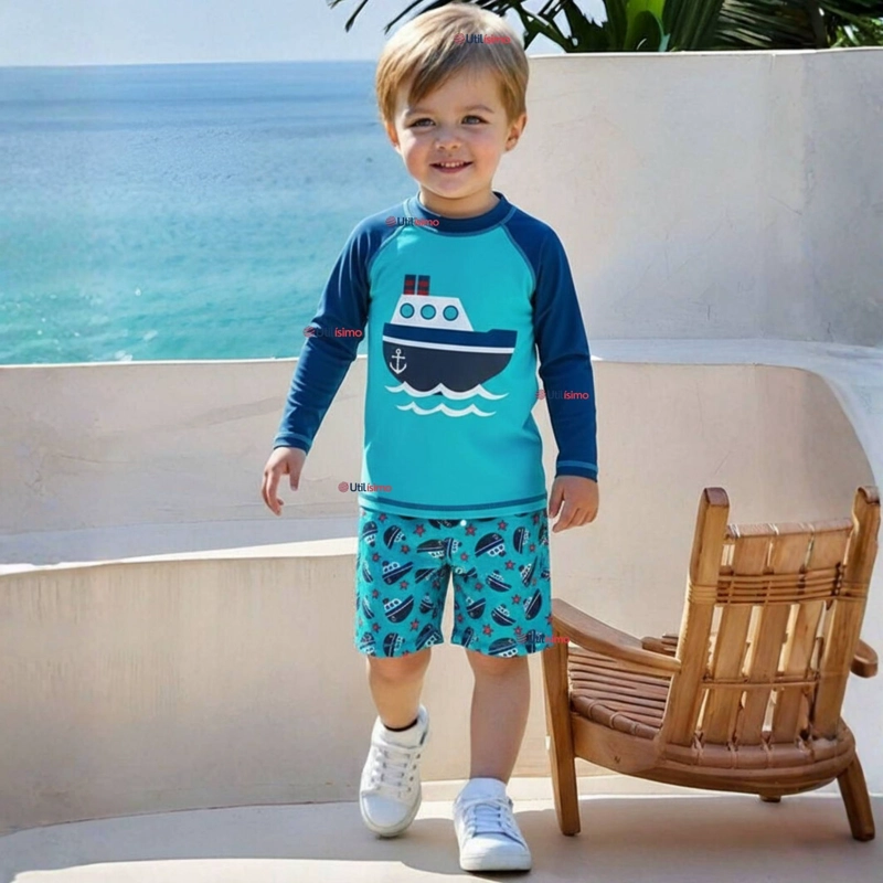 TRAJE DE BAÑO MANGA LARGA PANTALON CORTO 2 PIEZAS CORTE SPLIT NIÑO 3 A 9 AÑOS BLUE BOAT - 1