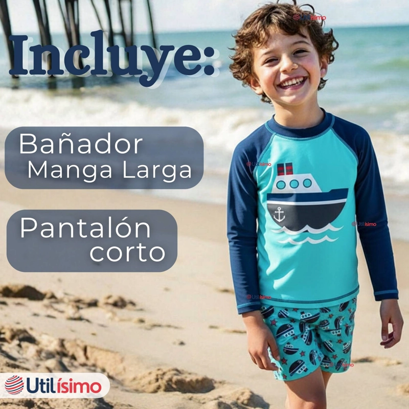 TRAJE DE BAÑO MANGA LARGA PANTALON CORTO 2 PIEZAS CORTE SPLIT NIÑO 3 A 9 AÑOS BLUE BOAT - 3