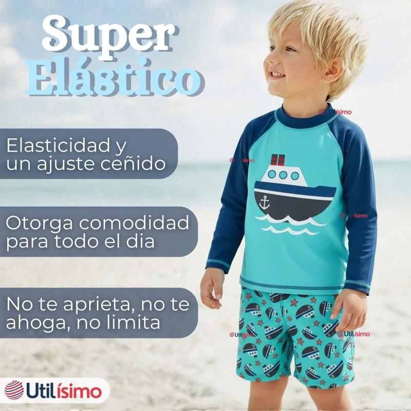 TRAJE DE BAÑO MANGA LARGA PANTALON CORTO 2 PIEZAS CORTE SPLIT NIÑO 3 A 9 AÑOS BLUE BOAT - 7