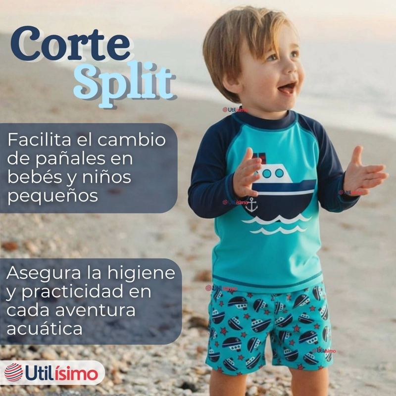TRAJE DE BAÑO MANGA LARGA PANTALON CORTO 2 PIEZAS CORTE SPLIT NIÑO 3 A 9 AÑOS BLUE BOAT - 9
