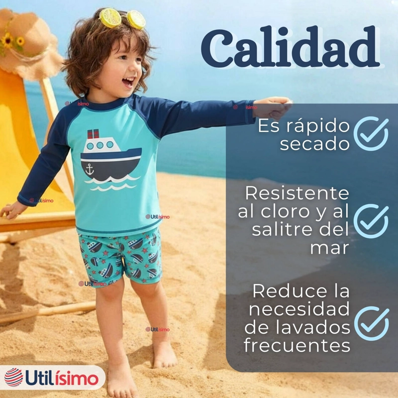 TRAJE DE BAÑO MANGA LARGA PANTALON CORTO 2 PIEZAS CORTE SPLIT NIÑO 3 A 9 AÑOS BLUE BOAT - 10