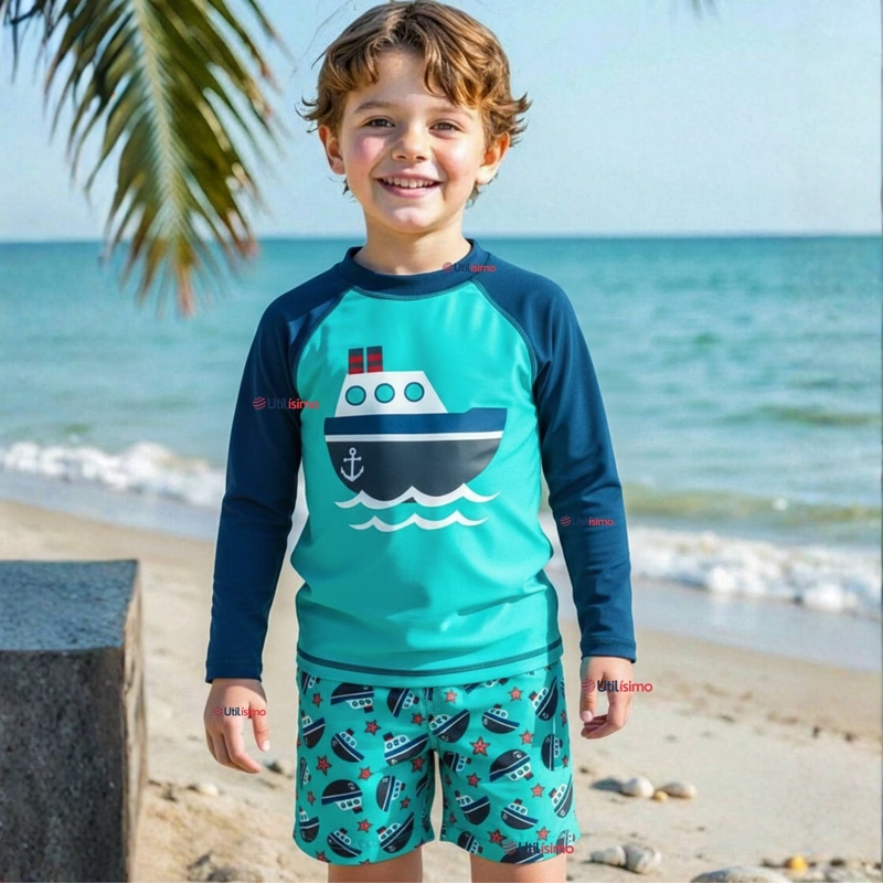 TRAJE DE BAÑO MANGA LARGA PANTALON CORTO 2 PIEZAS CORTE SPLIT NIÑO 3 A 9 AÑOS BLUE BOAT - 1