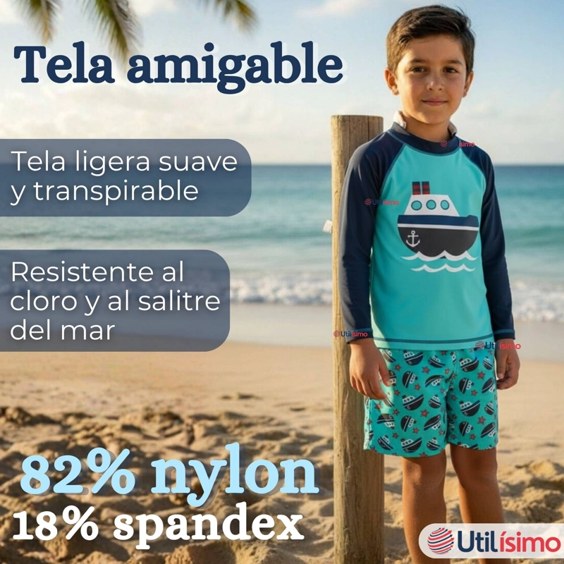 TRAJE DE BAÑO MANGA LARGA PANTALON CORTO 2 PIEZAS CORTE SPLIT NIÑO 3 A 9 AÑOS BLUE BOAT - 4