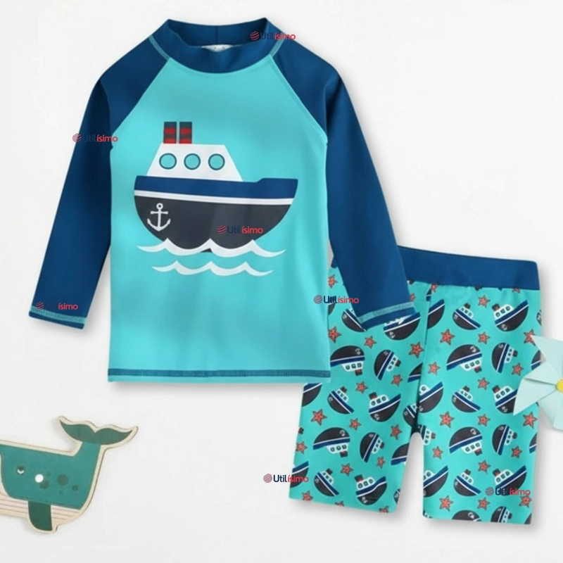 TRAJE DE BAÑO MANGA LARGA PANTALON CORTO 2 PIEZAS CORTE SPLIT NIÑO 3 A 9 AÑOS BLUE BOAT - 1