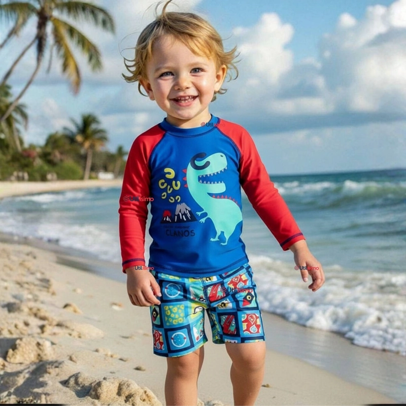 TRAJE DE BAÑO MANGA LARGA PANTALON CORTO 2 PIEZAS CORTE SPLIT NIÑO 3 A 9 AÑOS BLUE DINOSAUR - 1