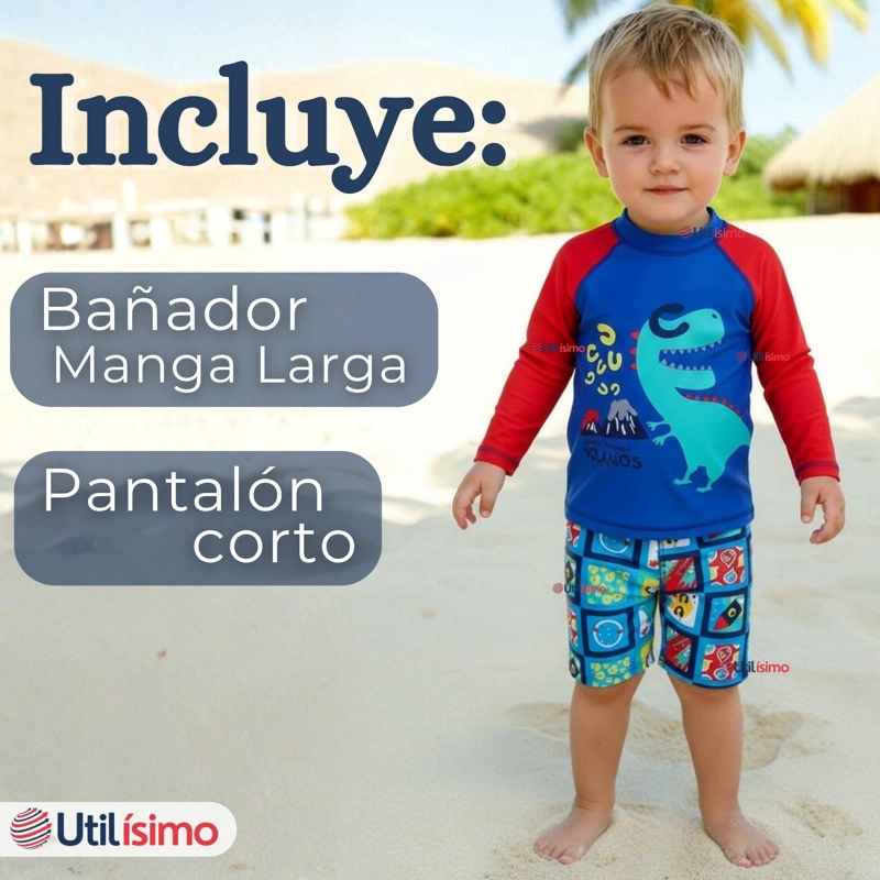 TRAJE DE BAÑO MANGA LARGA PANTALON CORTO 2 PIEZAS CORTE SPLIT NIÑO 3 A 9 AÑOS BLUE DINOSAUR - 2