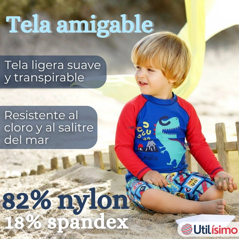 TRAJE DE BAÑO MANGA LARGA PANTALON CORTO 2 PIEZAS CORTE SPLIT NIÑO 3 A 9 AÑOS BLUE DINOSAUR - 3