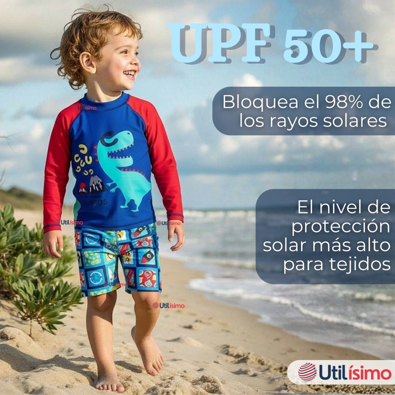 TRAJE DE BAÑO MANGA LARGA PANTALON CORTO 2 PIEZAS CORTE SPLIT NIÑO 3 A 9 AÑOS BLUE DINOSAUR - 5