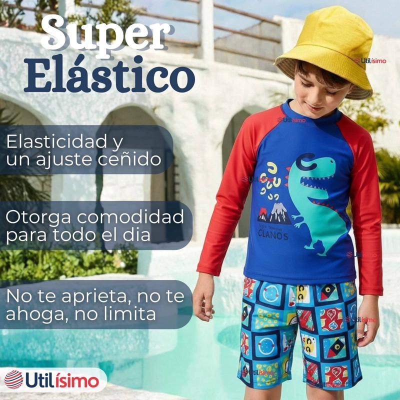 TRAJE DE BAÑO MANGA LARGA PANTALON CORTO 2 PIEZAS CORTE SPLIT NIÑO 3 A 9 AÑOS BLUE DINOSAUR - 6